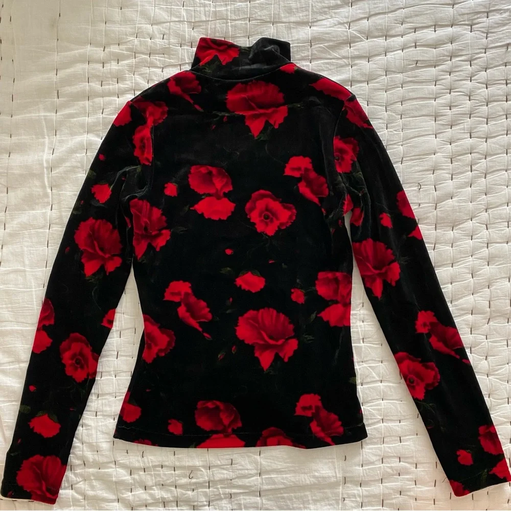 CACHE Vintage Red Floral Velvet Turtleneck Top Size S - Picture 2 of 6